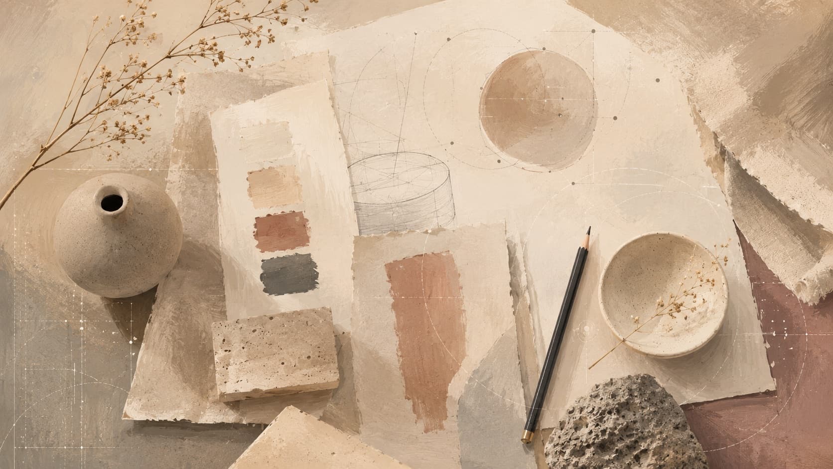 A designer's table: colour swatches, pencil sketches, ceramics and stone in warm earth tones