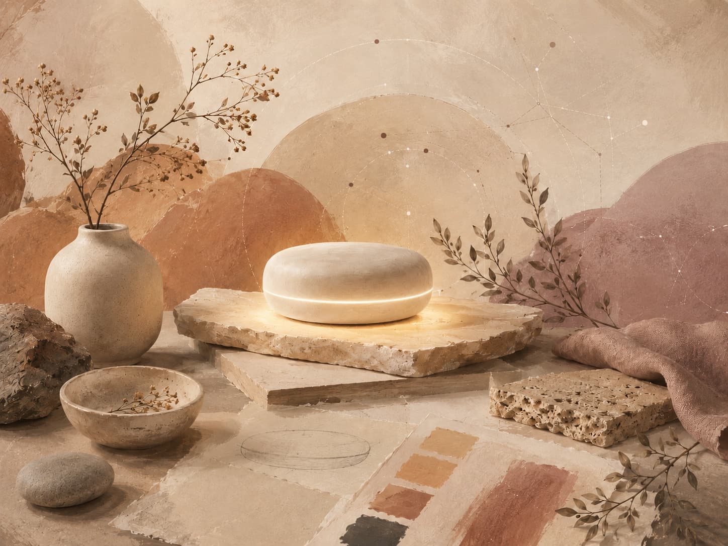 A smooth stone resting on rock against soft, layered earth-toned hills
