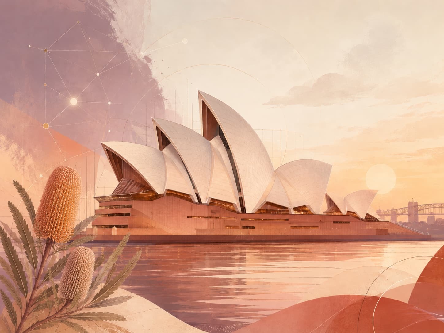 An illustration of the Sydney Opera House at sunset in warm earth tones, overlaid with fine constellation lines